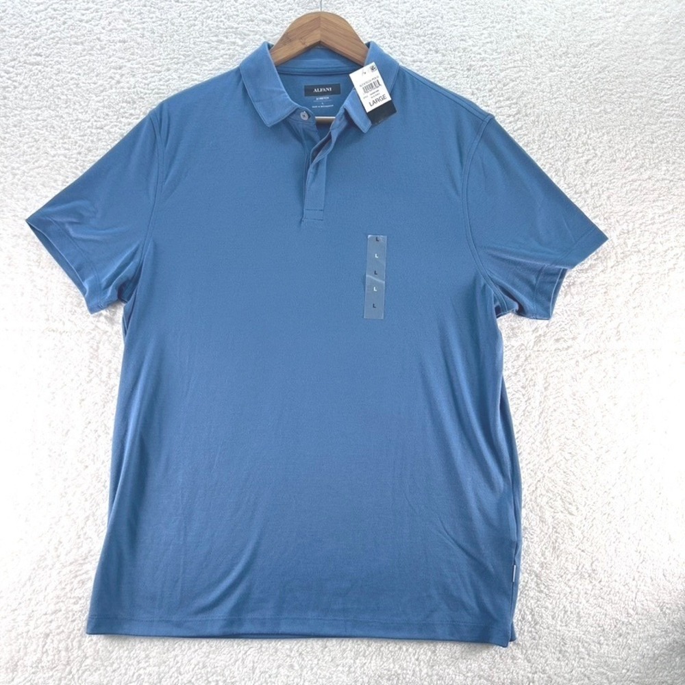 Alfani Alfatech Polo Shirt Mens Large Blue Shale Stretch‎ Short Sleeve New